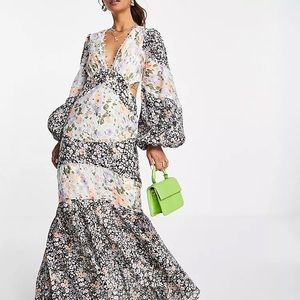ASOS DESIGN cut out long sleeve button detail maxi dress in mixed floral print
